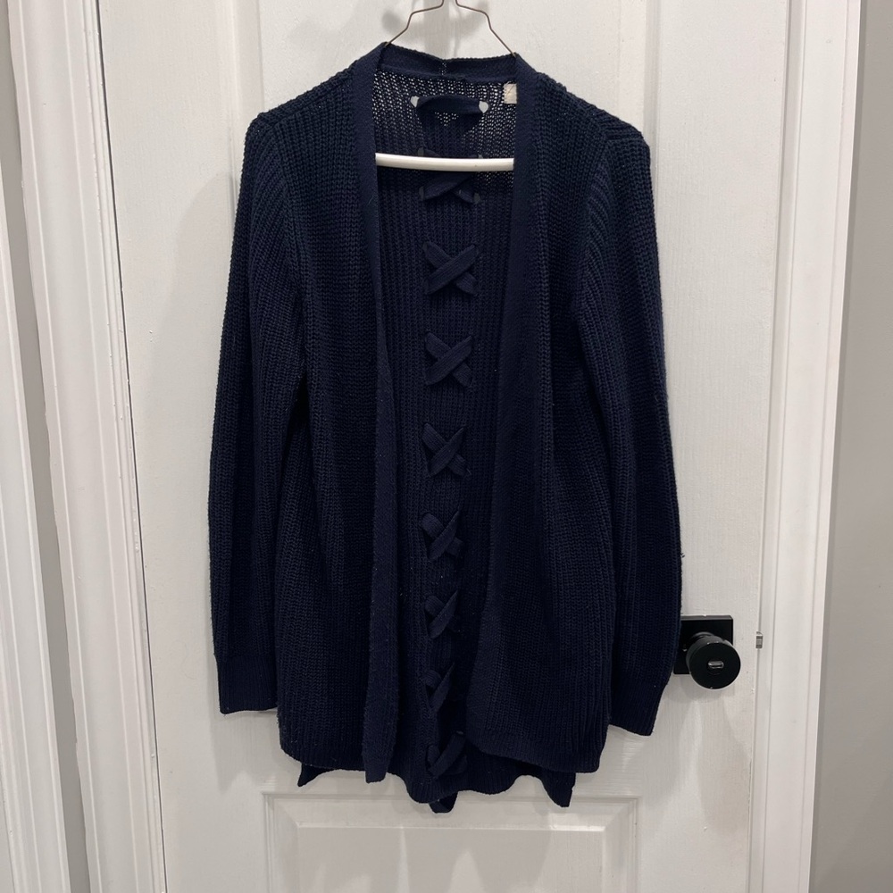 Elegant Navy Women's Duster Cardigan with braided back design